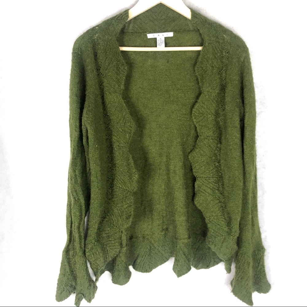 Cabi green open front scallop cardigan bell sleeve